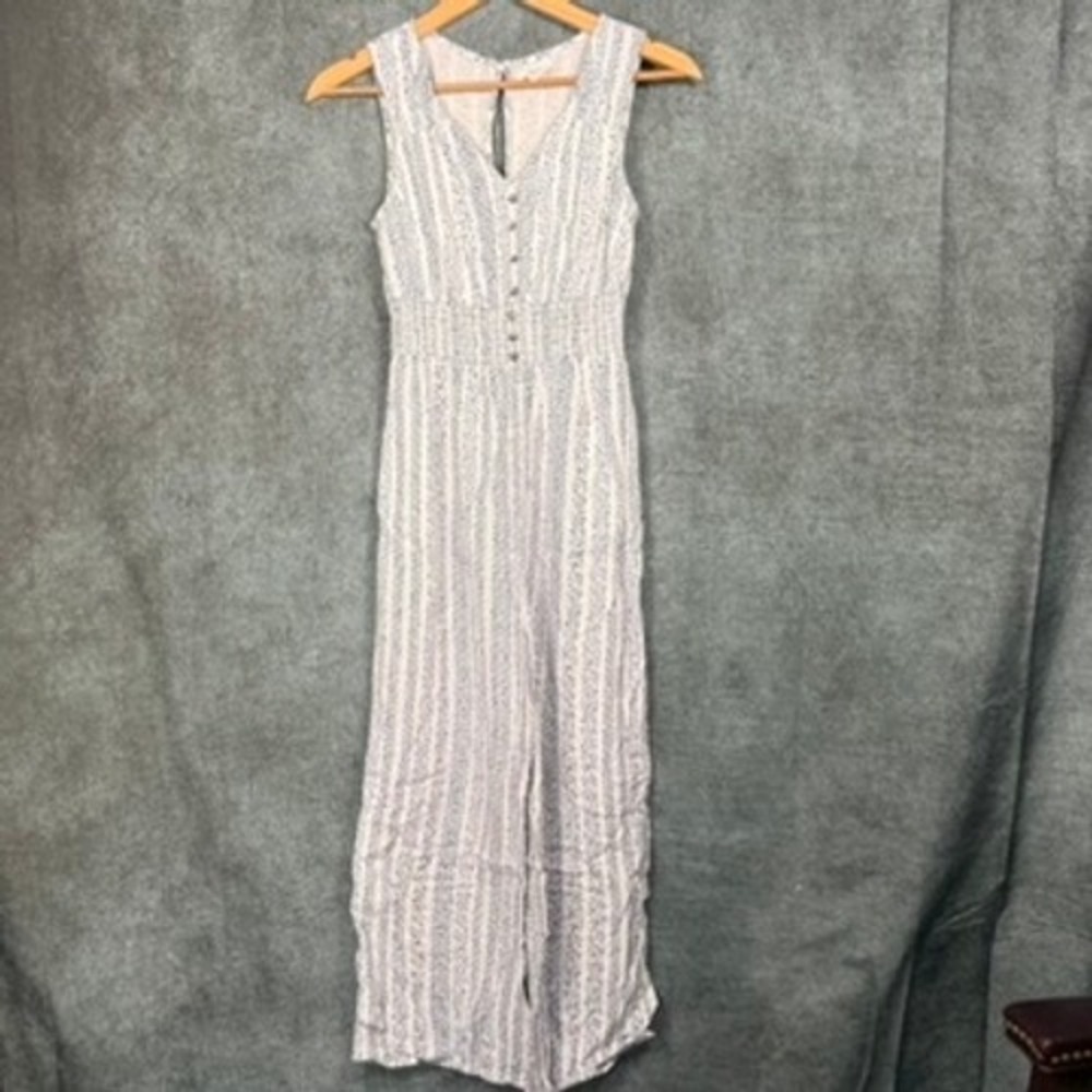Japna Women M Blue White Floral Stripe Smocked Waist Wide Leg Jumpsuit